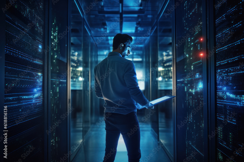 Cutting-edge Vision: Tech Guru in Futuristic Data Center Utilizing Laptop Amidst Warehouse, Streamlined Digitalization with Server-Based Information. SAAS, Cloud Computing, Web Service Empowered.